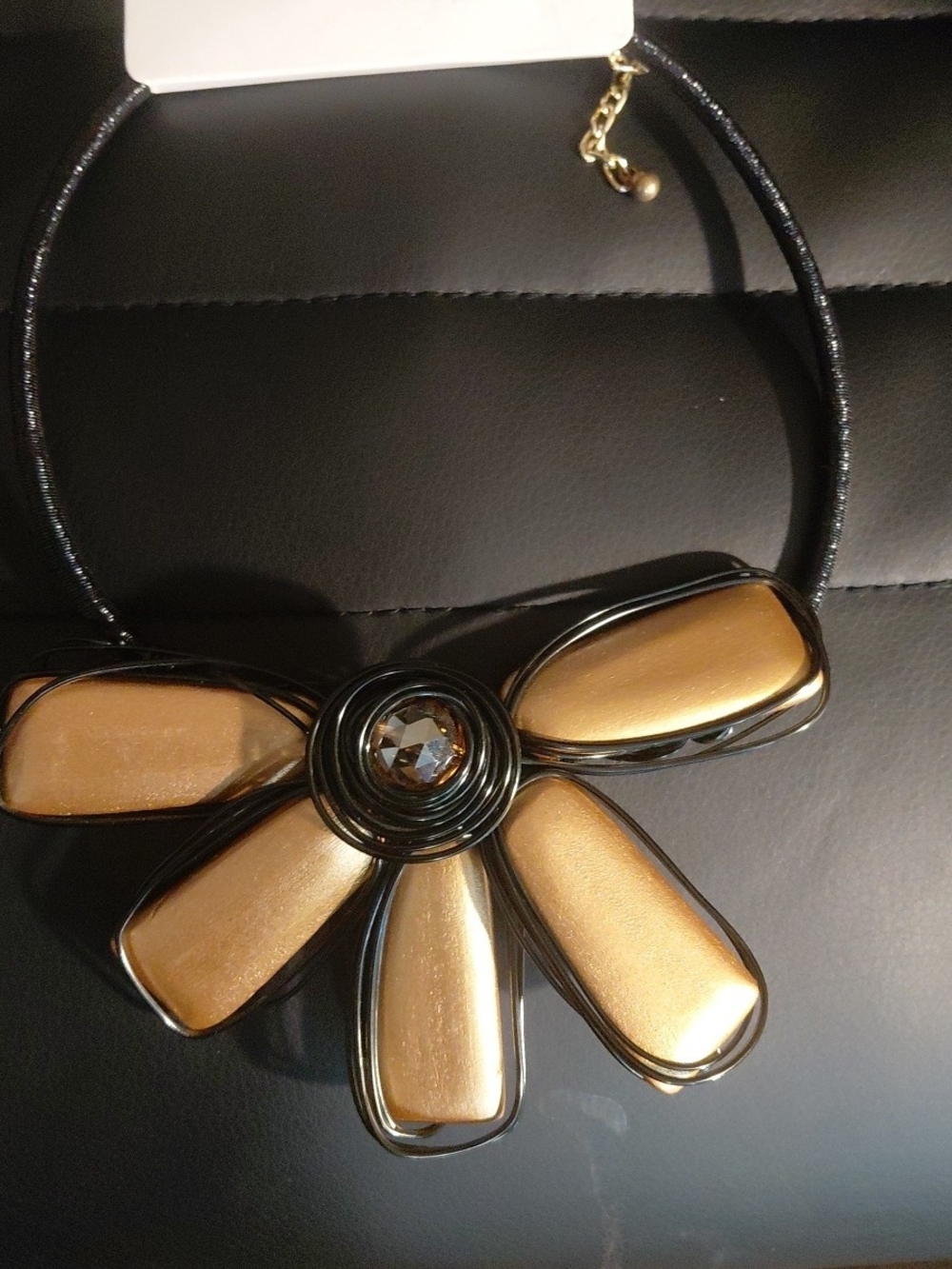 Statement Flower Pendant Necklace in Gold and Black